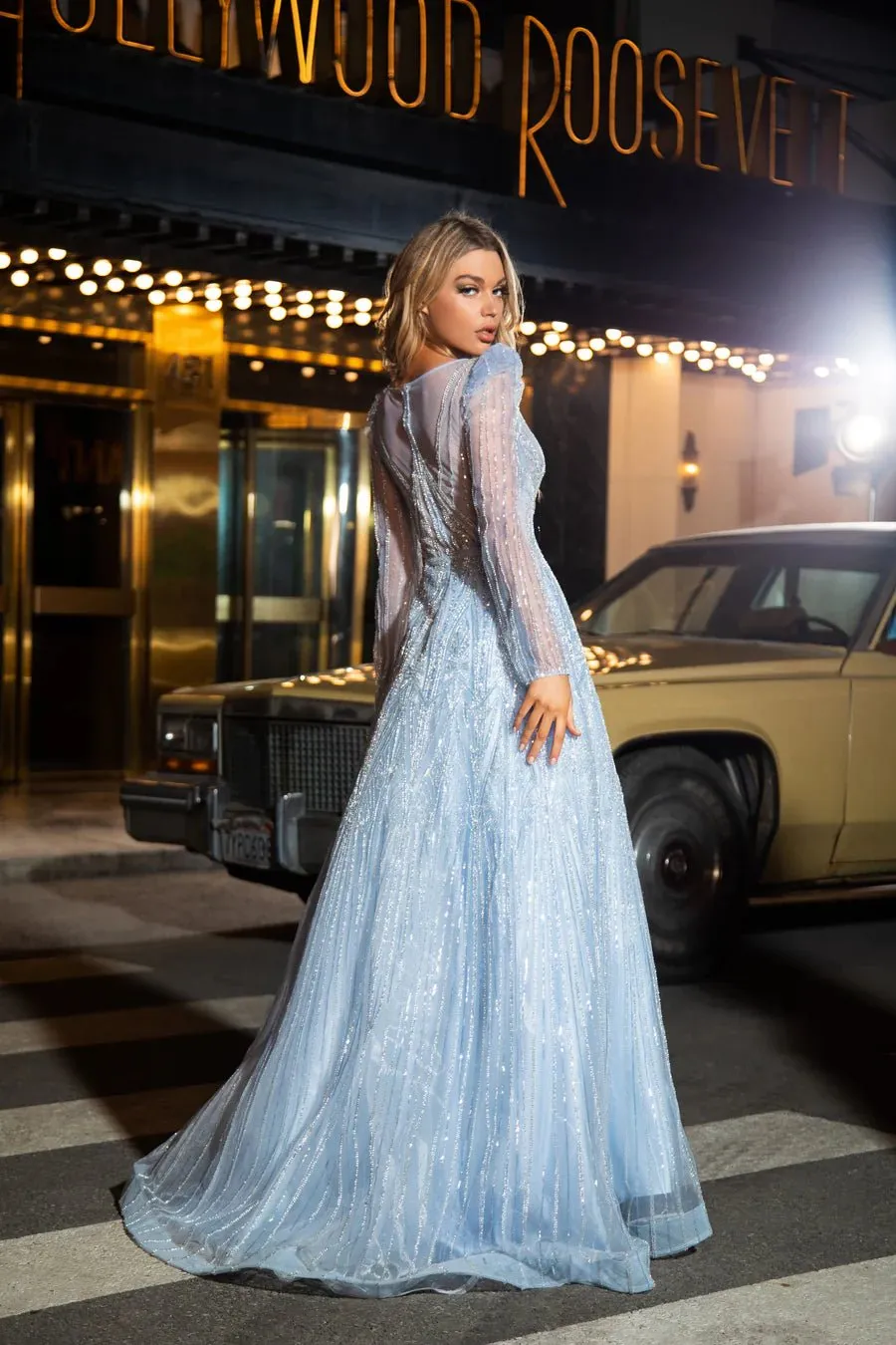Elegant Teal Sequin Evening Gown with Sheer Long Sleeves - Designer Sequin Dress and Pretty Sequin Dress Plus Size