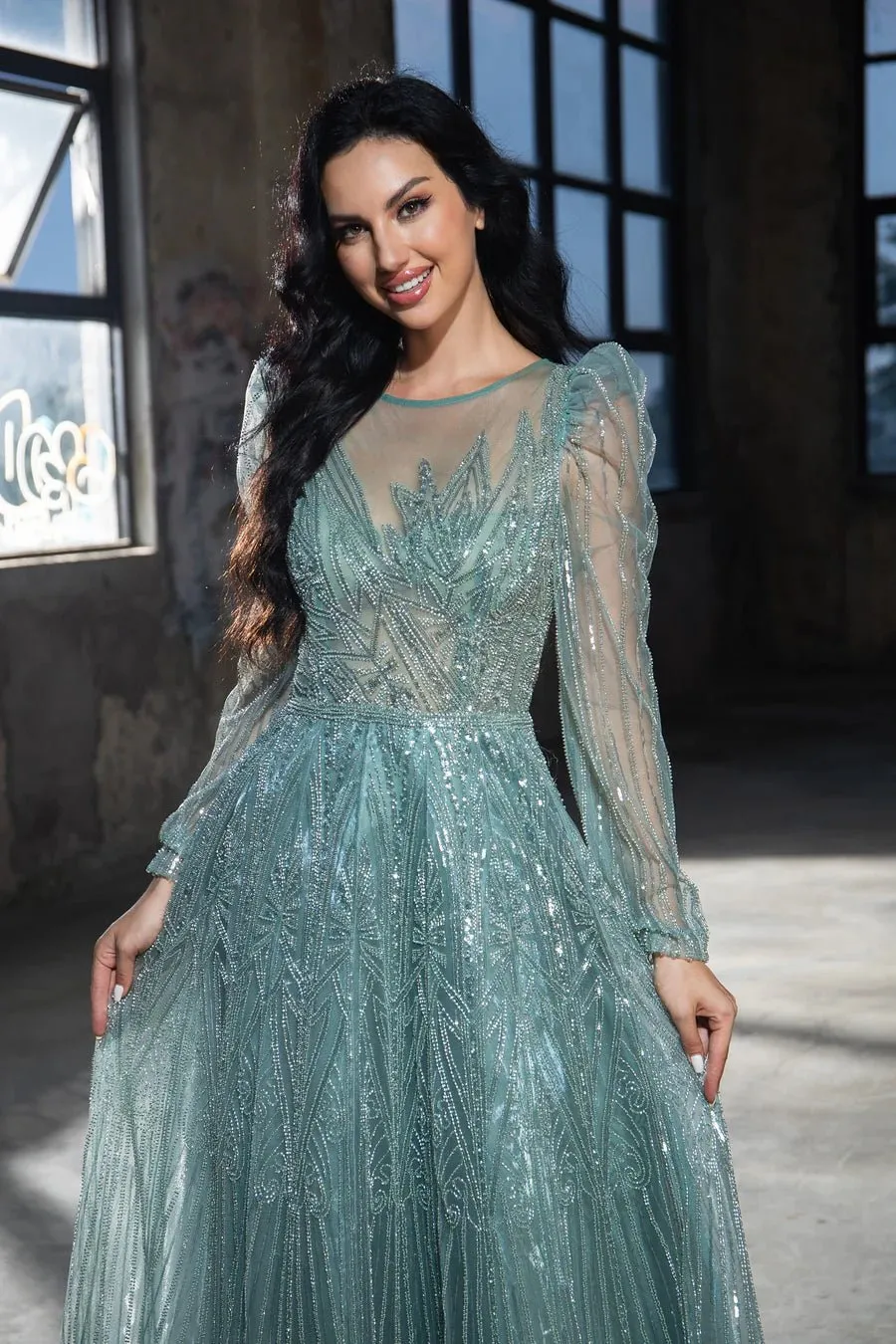 Elegant Teal Sequin Evening Gown with Sheer Long Sleeves - Designer Sequin Dress and Pretty Sequin Dress Plus Size