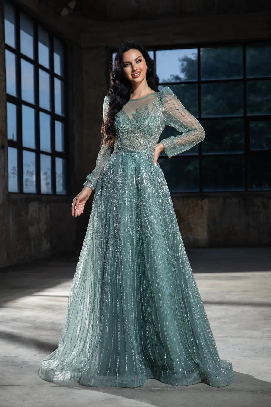 Elegant Teal Sequin Evening Gown with Sheer Long Sleeves - Designer Sequin Dress and Pretty Sequin Dress Plus Size