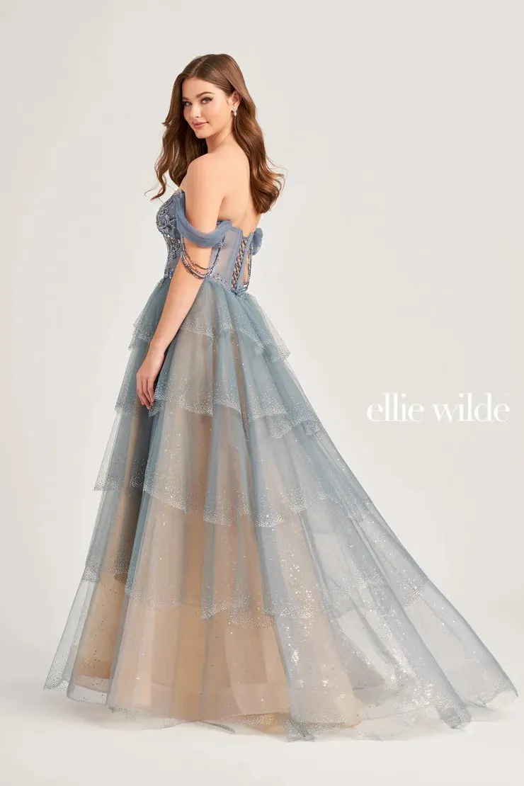 Ellie Wilde EW35040 Layer Crystal A Line Sheer Corset Dress off the Shoulder Beaded Fringe