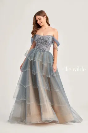 Ellie Wilde EW35040 Layer Crystal A Line Sheer Corset Dress off the Shoulder Beaded Fringe