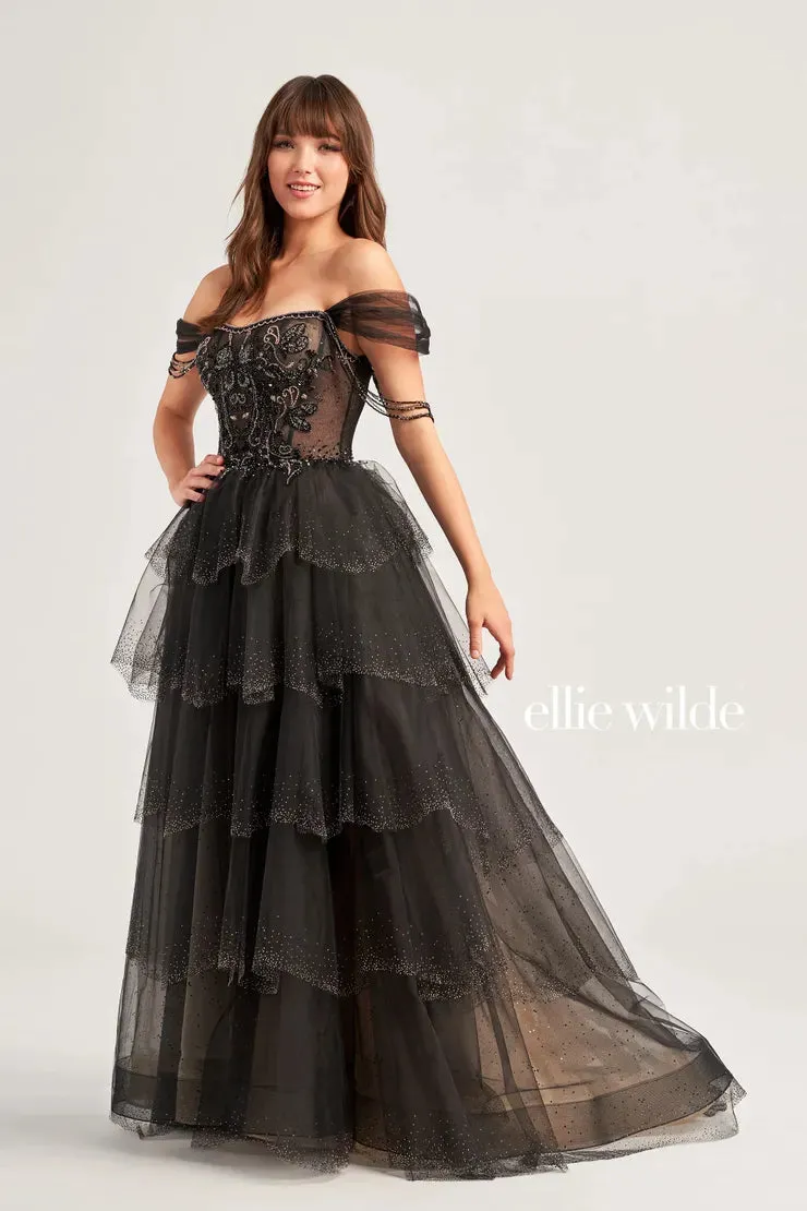 Ellie Wilde EW35040 Layer Crystal A Line Sheer Corset Dress off the Shoulder Beaded Fringe