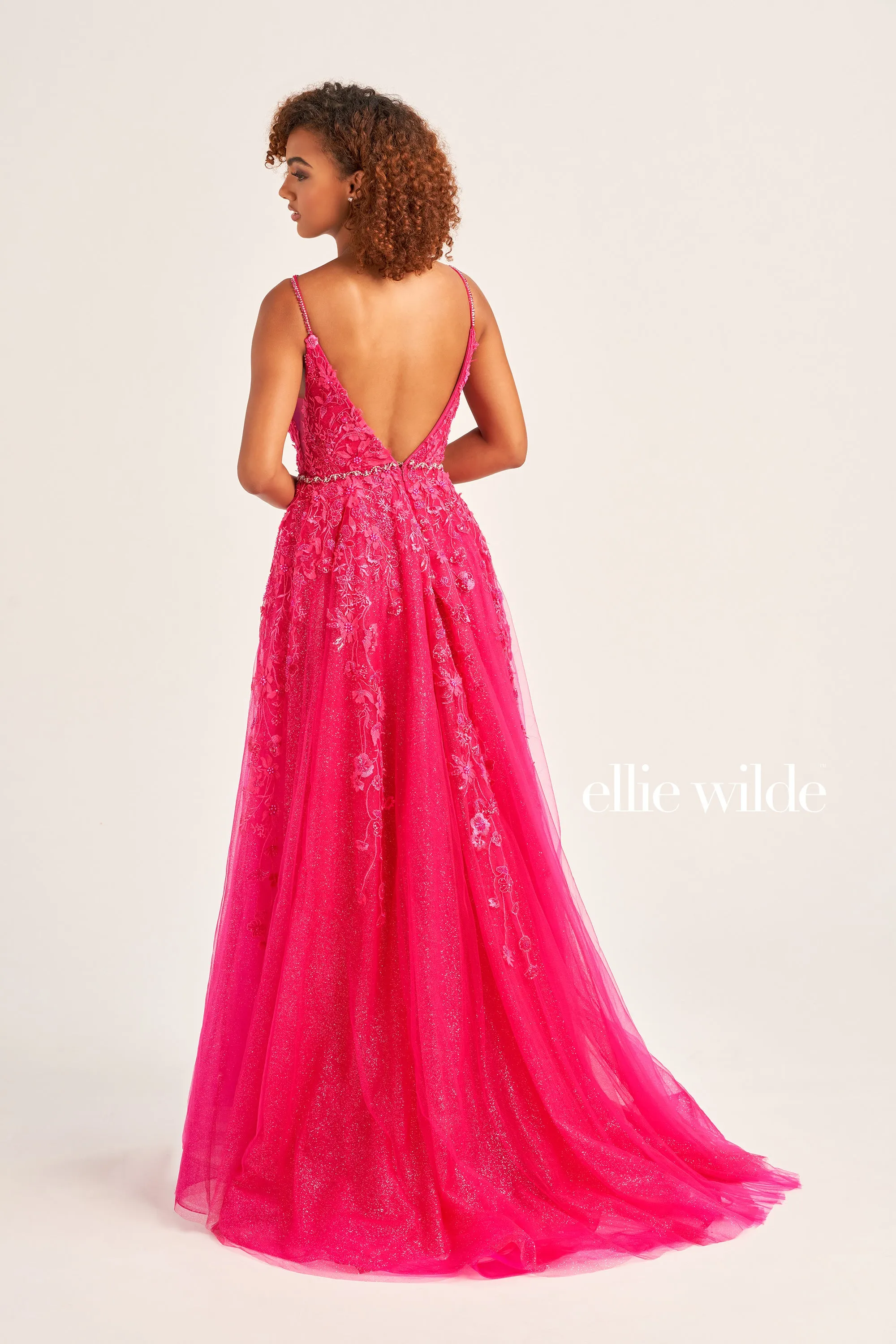 Ellie Wilde EW35113 Long Shimmer A Line Beaded Lace Formal Backless Prom Dress Bridal Wedding