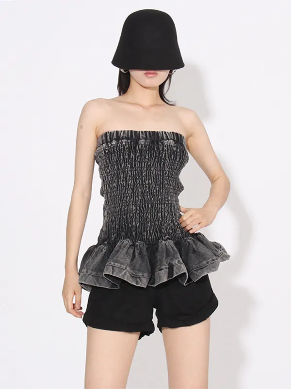 Ember New Fashion Versatile Ruffled Denim Tube Top