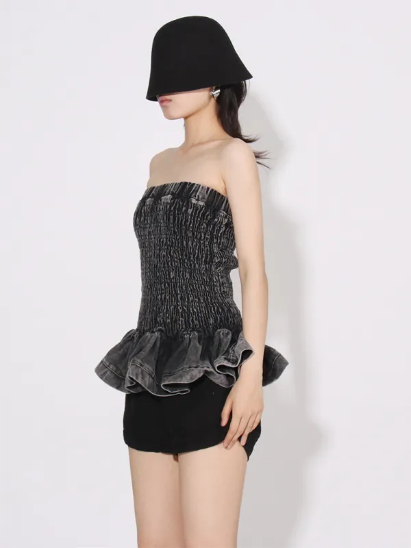 Ember New Fashion Versatile Ruffled Denim Tube Top