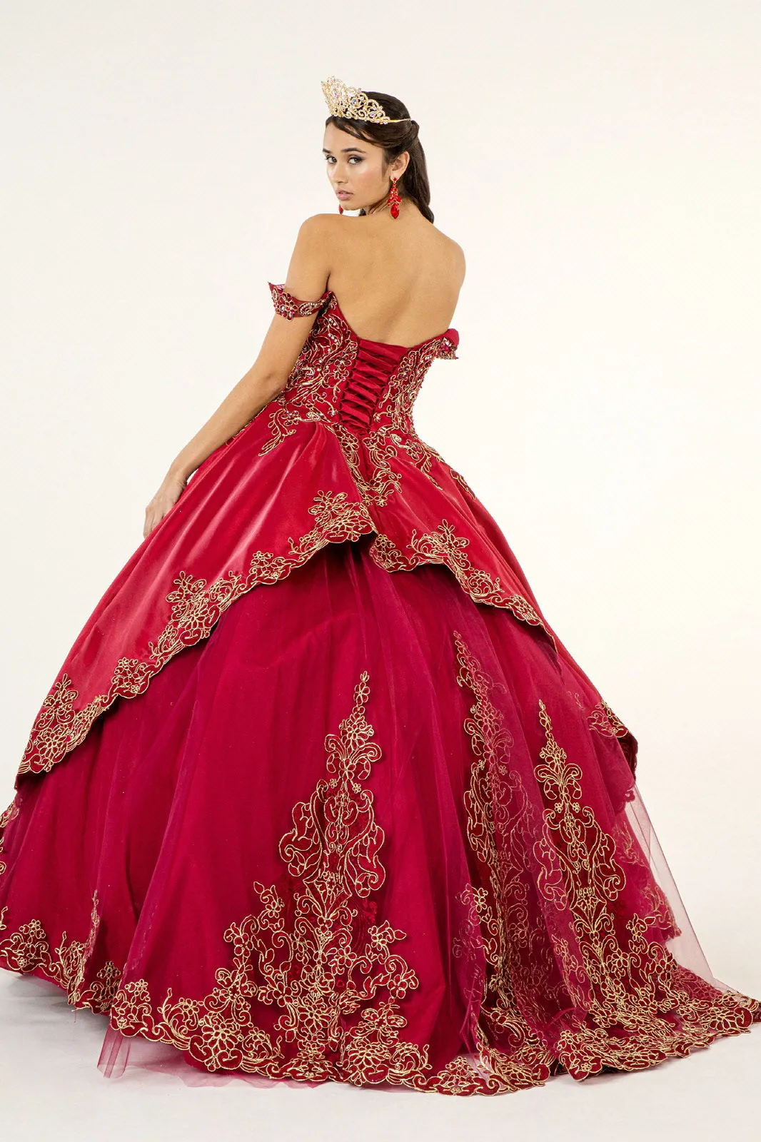 Embroidered Mesh Strap Satin w/ Mesh Tail Quinceanera Dress - Mask Not Included GLGL1930