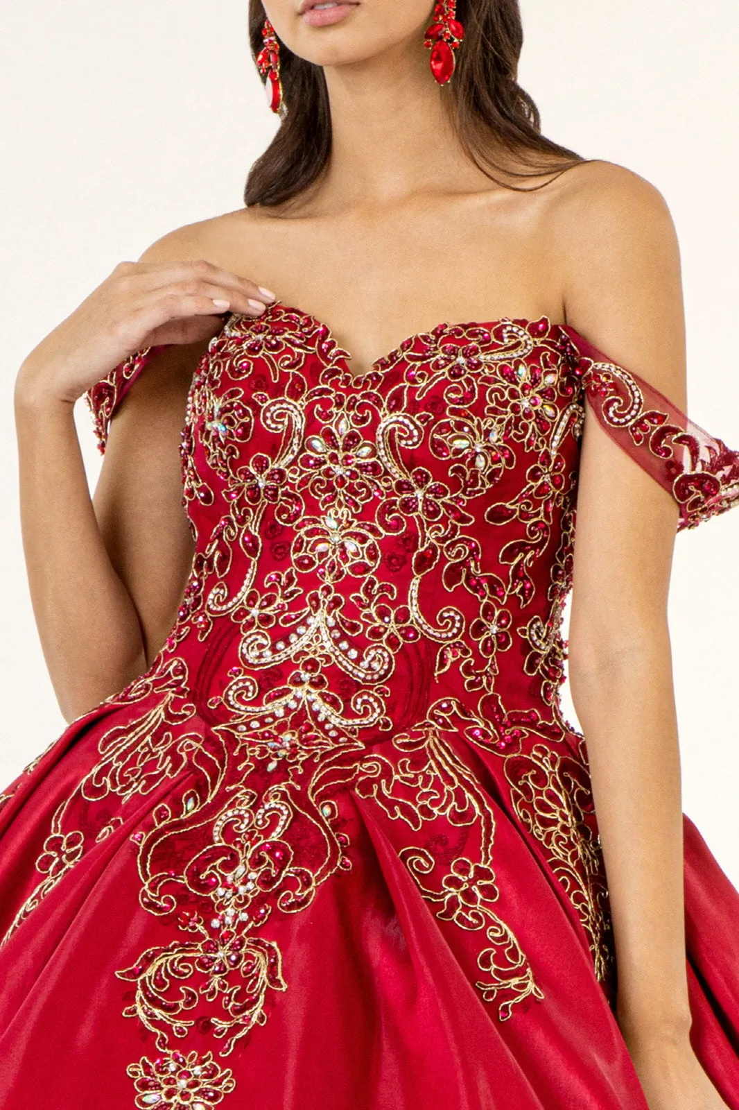 Embroidered Mesh Strap Satin w/ Mesh Tail Quinceanera Dress - Mask Not Included GLGL1930