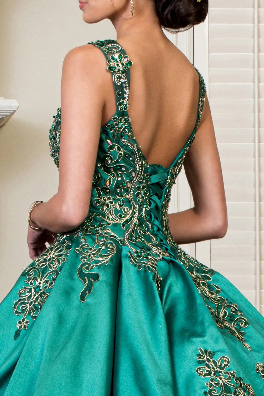 Embroidered Mesh Strap Satin w/ Mesh Tail Quinceanera Dress - Mask Not Included GLGL1930