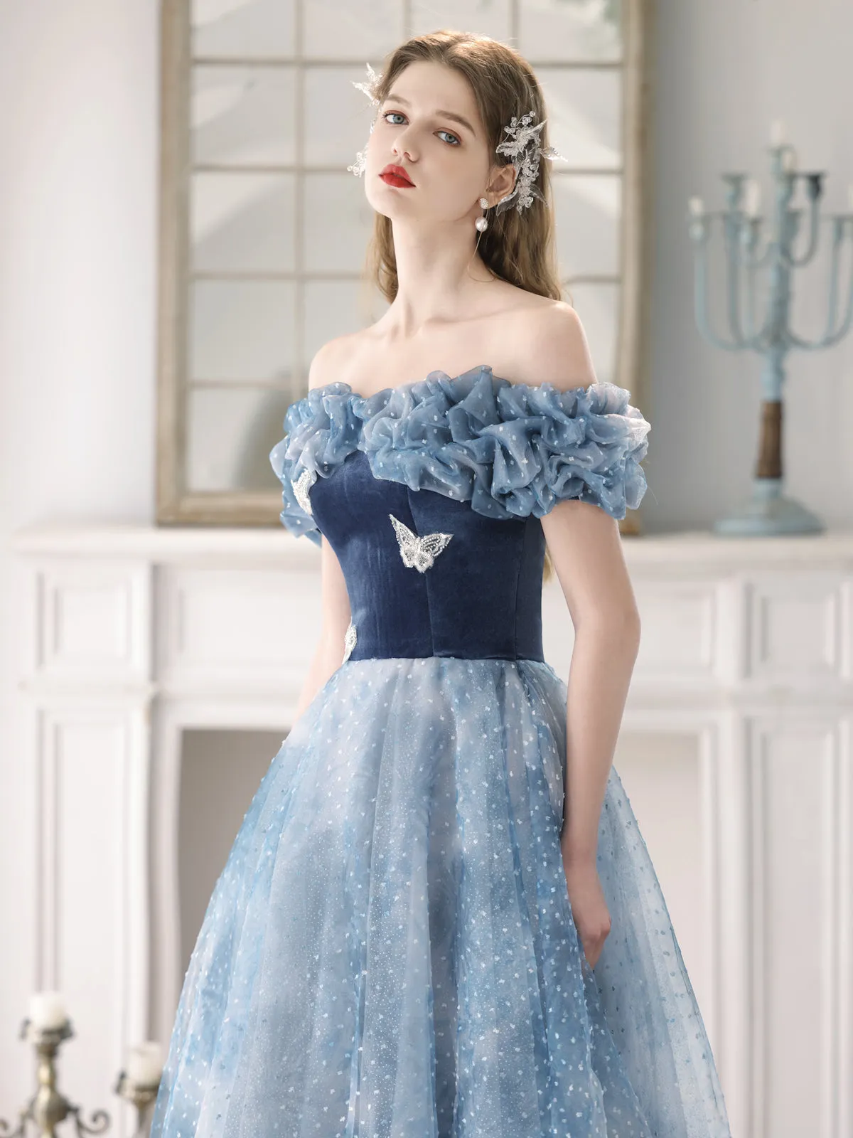 Enchanting Off-Shoulder Blue Tulle Ball Gown with Ruffled Bodice