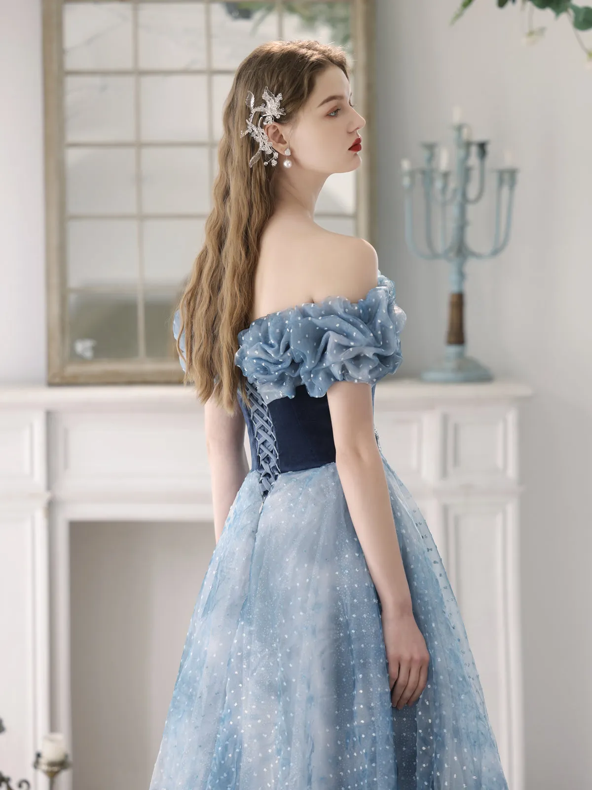 Enchanting Off-Shoulder Blue Tulle Ball Gown with Ruffled Bodice