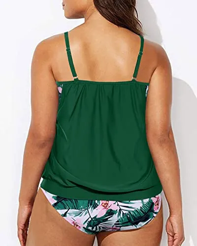 Flattering Layered Tankini Top Plus Size Sporty 2 Piece Tankini-Green Tropical Floral