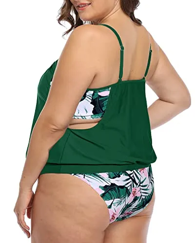 Flattering Layered Tankini Top Plus Size Sporty 2 Piece Tankini-Green Tropical Floral