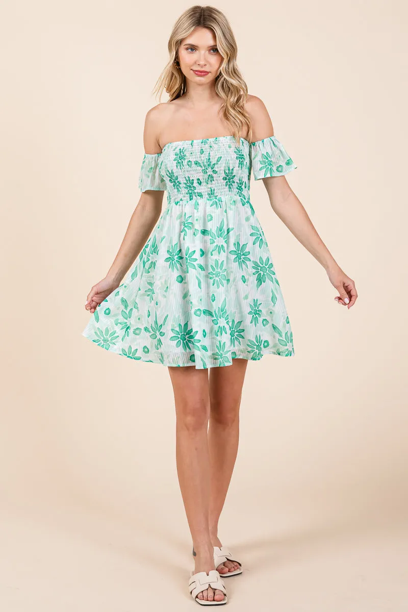 Floral Off Shoulder Smocked Mini Dress