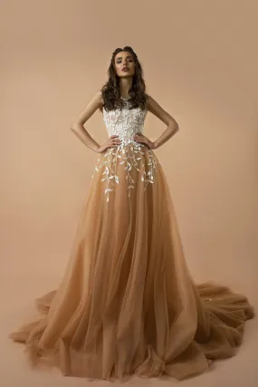 Gohtic Champagne Floral Appliqué Bridal Gown with Sheer Bodice - Romantic A-Line Wedding Dress with Extended Train Plus Size
