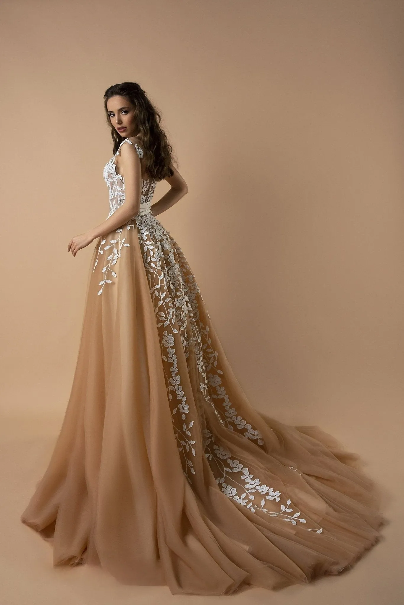 Gohtic Champagne Floral Appliqué Bridal Gown with Sheer Bodice - Romantic A-Line Wedding Dress with Extended Train Plus Size