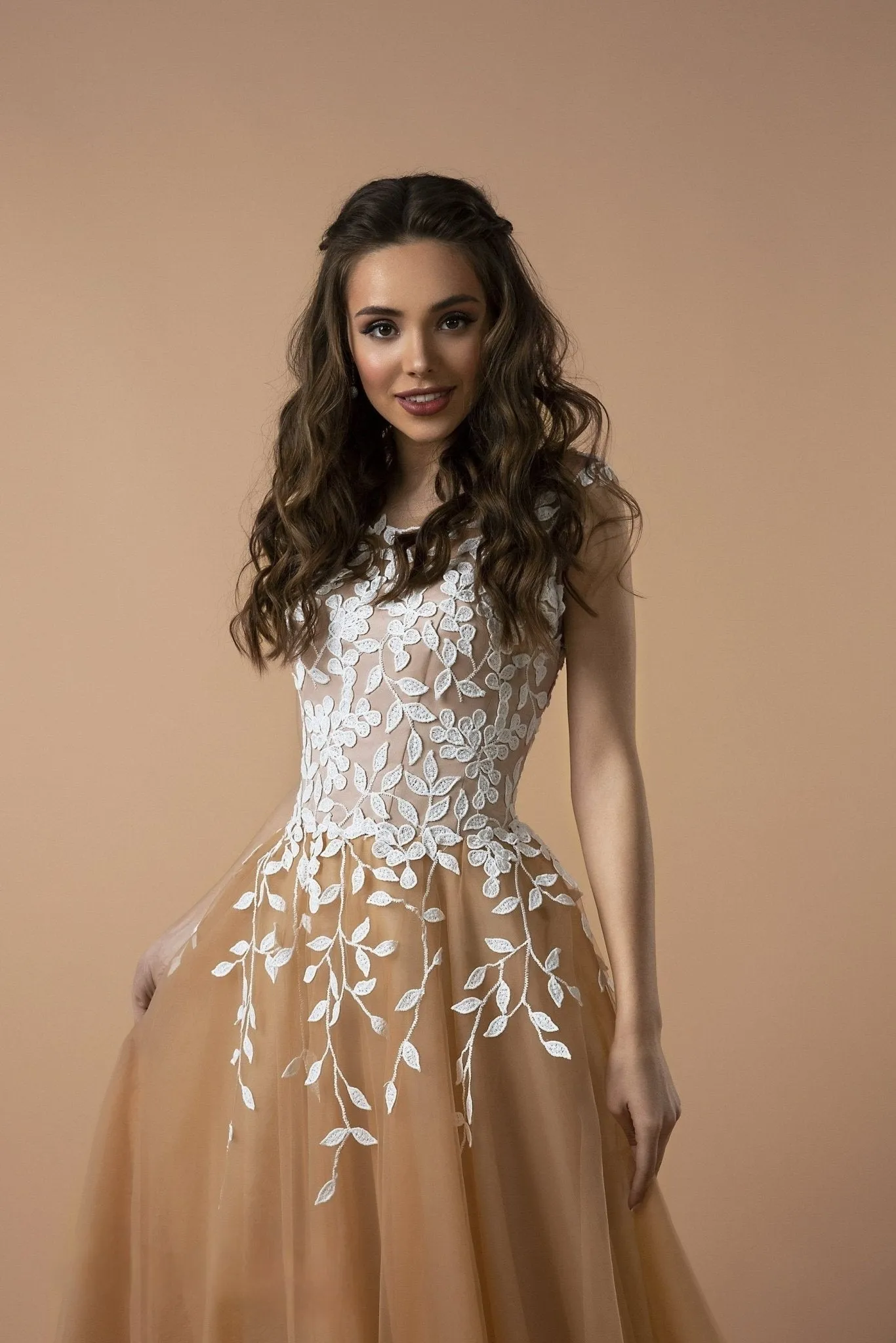 Gohtic Champagne Floral Appliqué Bridal Gown with Sheer Bodice - Romantic A-Line Wedding Dress with Extended Train Plus Size