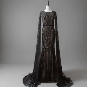 Gothic Black Sequin Evening Gown - Black Glitter Dress Long - Pretty Sequin Dress with Dramatic Sleeves Plus Size