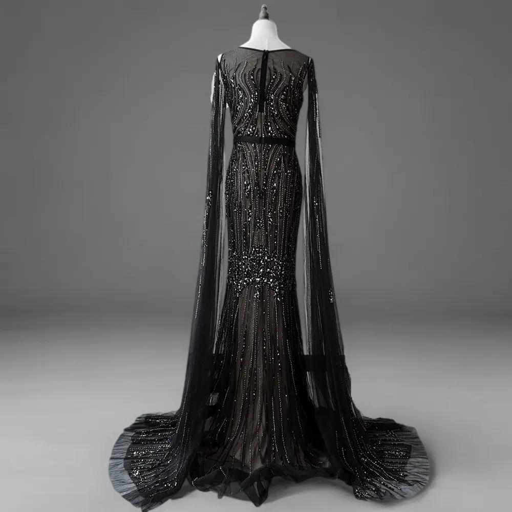 Gothic Black Sequin Evening Gown - Black Glitter Dress Long - Pretty Sequin Dress with Dramatic Sleeves Plus Size