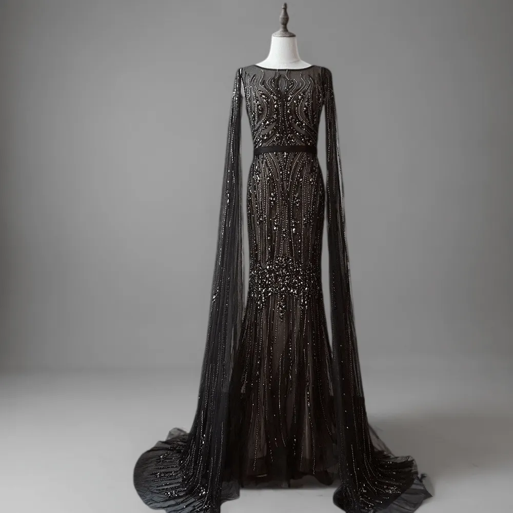 Gothic Black Sequin Evening Gown - Black Glitter Dress Long - Pretty Sequin Dress with Dramatic Sleeves Plus Size
