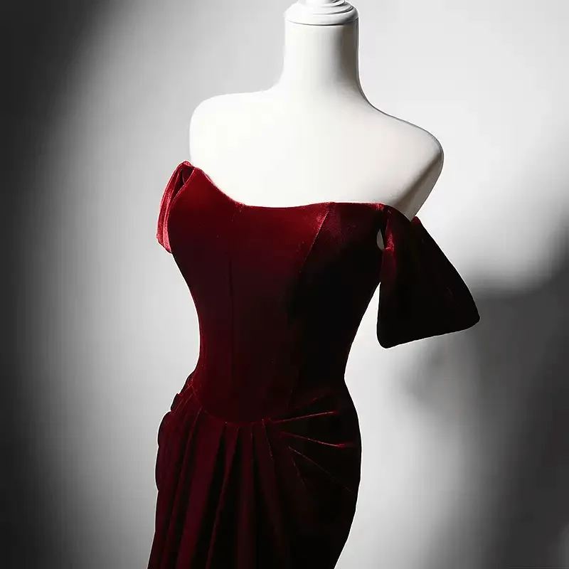 Gothic Burgundy Red Off-Shoulder Velvet Evening Gown - Red Evening Dress with Draped Skirt Plus Size Dress