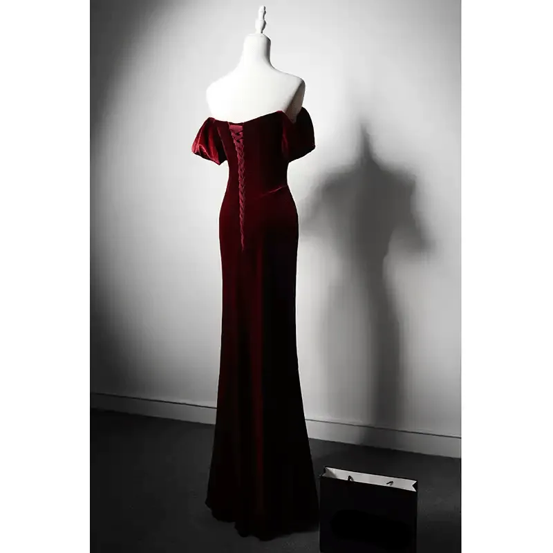 Gothic Burgundy Red Off-Shoulder Velvet Evening Gown - Red Evening Dress with Draped Skirt Plus Size Dress
