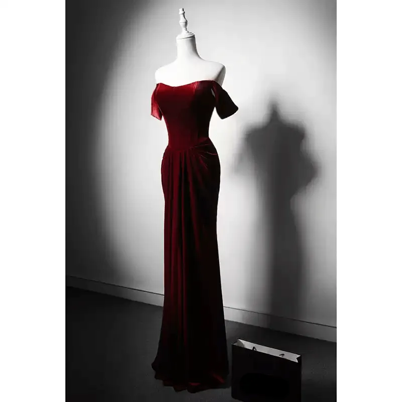 Gothic Burgundy Red Off-Shoulder Velvet Evening Gown - Red Evening Dress with Draped Skirt Plus Size Dress