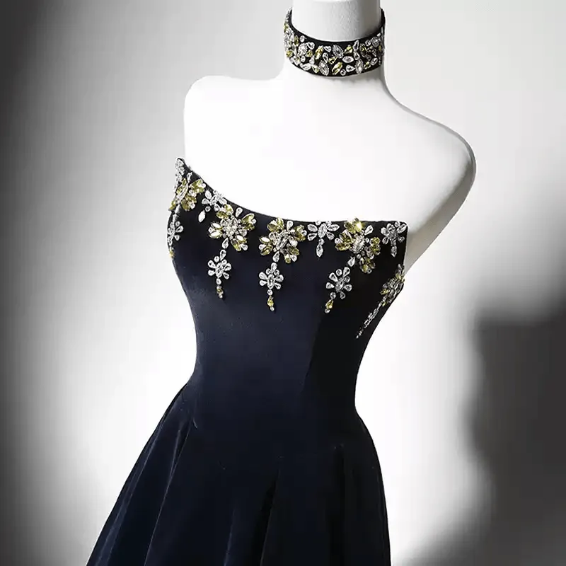 Gothic Navy Blue Evening Dress with Corset Back - Embellished Gown and Elegant A-Line Evening Gown Plus Size