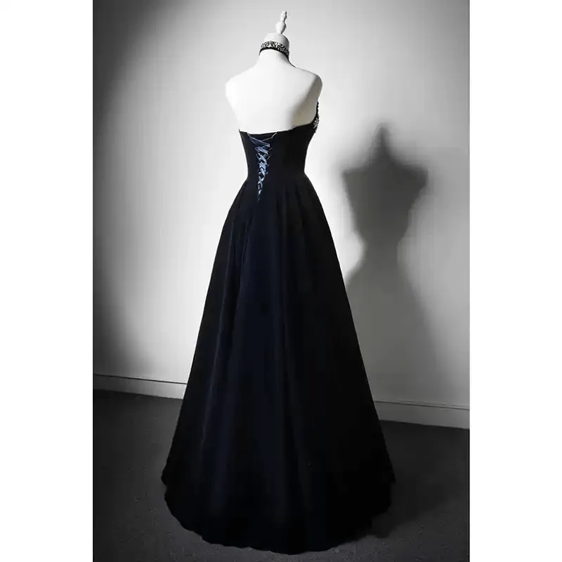 Gothic Navy Blue Evening Dress with Corset Back - Embellished Gown and Elegant A-Line Evening Gown Plus Size