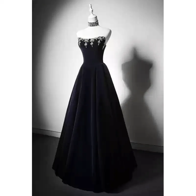 Gothic Navy Blue Evening Dress with Corset Back - Embellished Gown and Elegant A-Line Evening Gown Plus Size