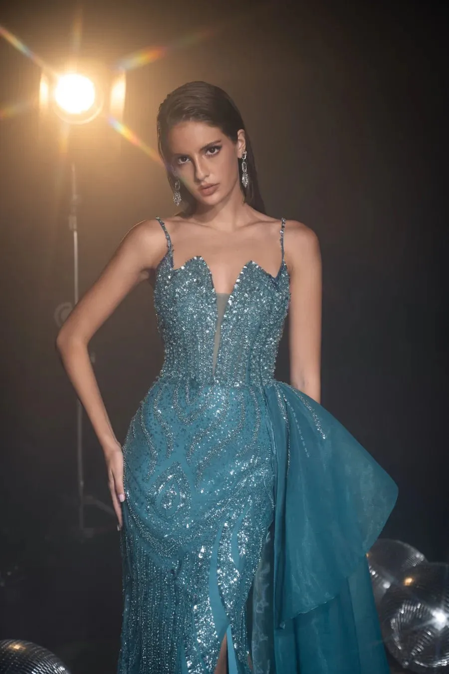 Gothic Turquoise Sequin Evening Gown and Pretty Sequin Dress - Glitter Dress with Spaghetti Straps Plus Size