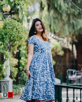 Half Sleeve Indigo Bouffant Dress
