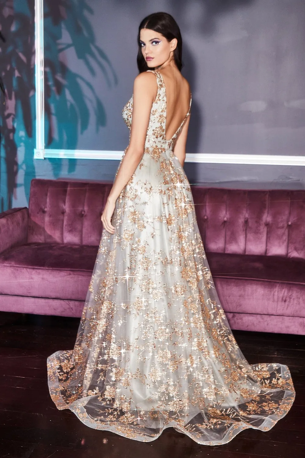 Harris Prom Dress Glitter Embellished Ballgown 740068EX-Gold/Sage LaDivine CB068 Cinderella Divine CB0686
