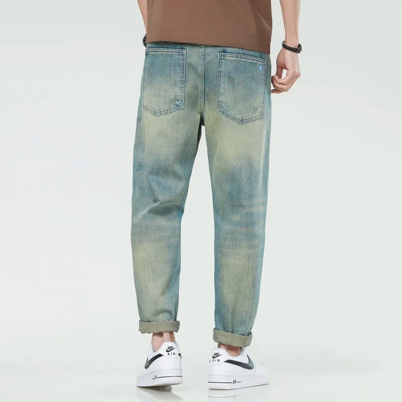 Hip Hop Harem Jeans Men Denim Pants Loose Fit Patchwork Men's Cropped Jeans Distressed Motocycle Jeans  Retro Blue