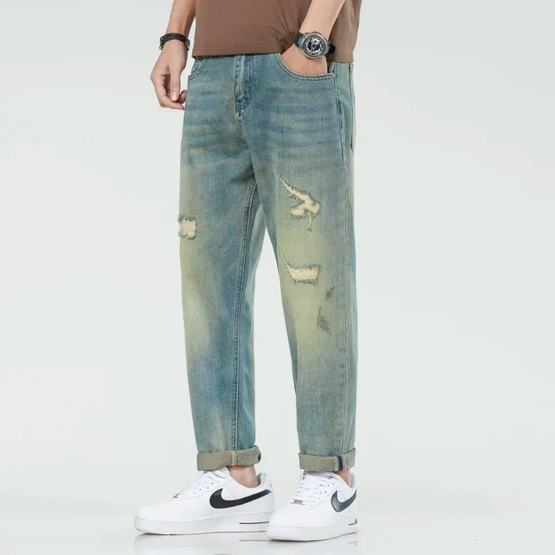 Hip Hop Harem Jeans Men Denim Pants Loose Fit Patchwork Men's Cropped Jeans Distressed Motocycle Jeans  Retro Blue