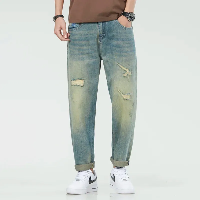 Hip Hop Harem Jeans Men Denim Pants Loose Fit Patchwork Men's Cropped Jeans Distressed Motocycle Jeans  Retro Blue