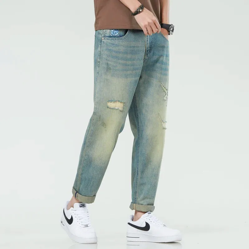 Hip Hop Harem Jeans Men Denim Pants Loose Fit Patchwork Men's Cropped Jeans Distressed Motocycle Jeans  Retro Blue
