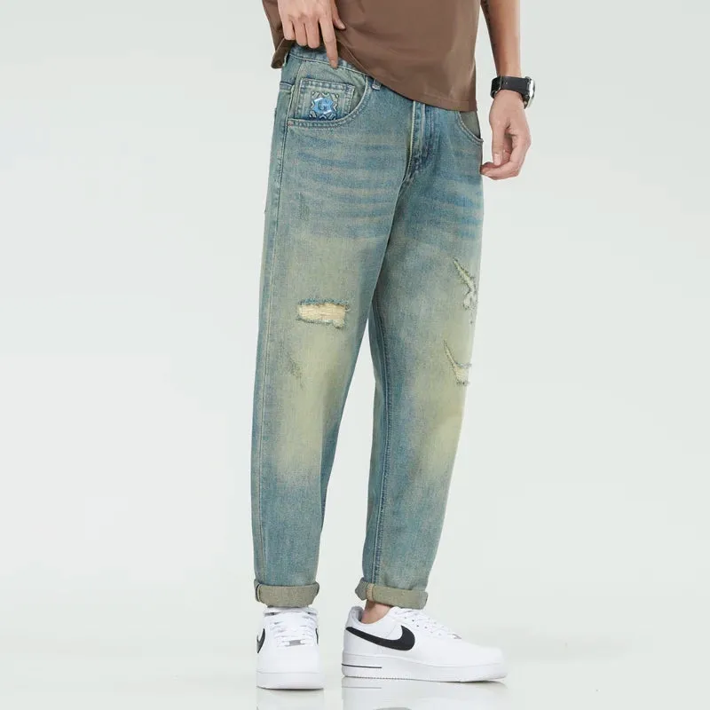 Hip Hop Harem Jeans Men Denim Pants Loose Fit Patchwork Men's Cropped Jeans Distressed Motocycle Jeans  Retro Blue