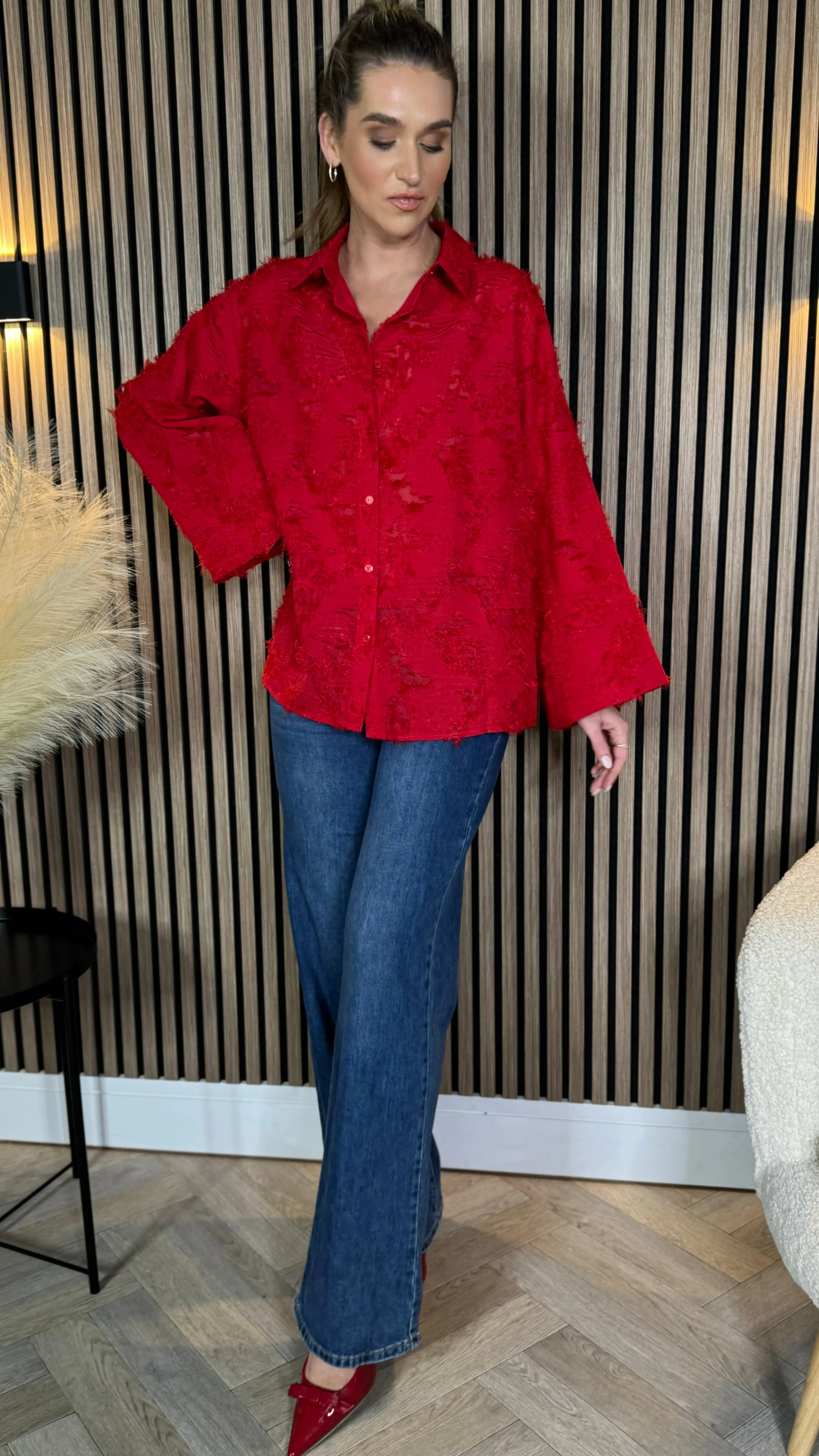 Jovie Red Textured Oversized Shirt