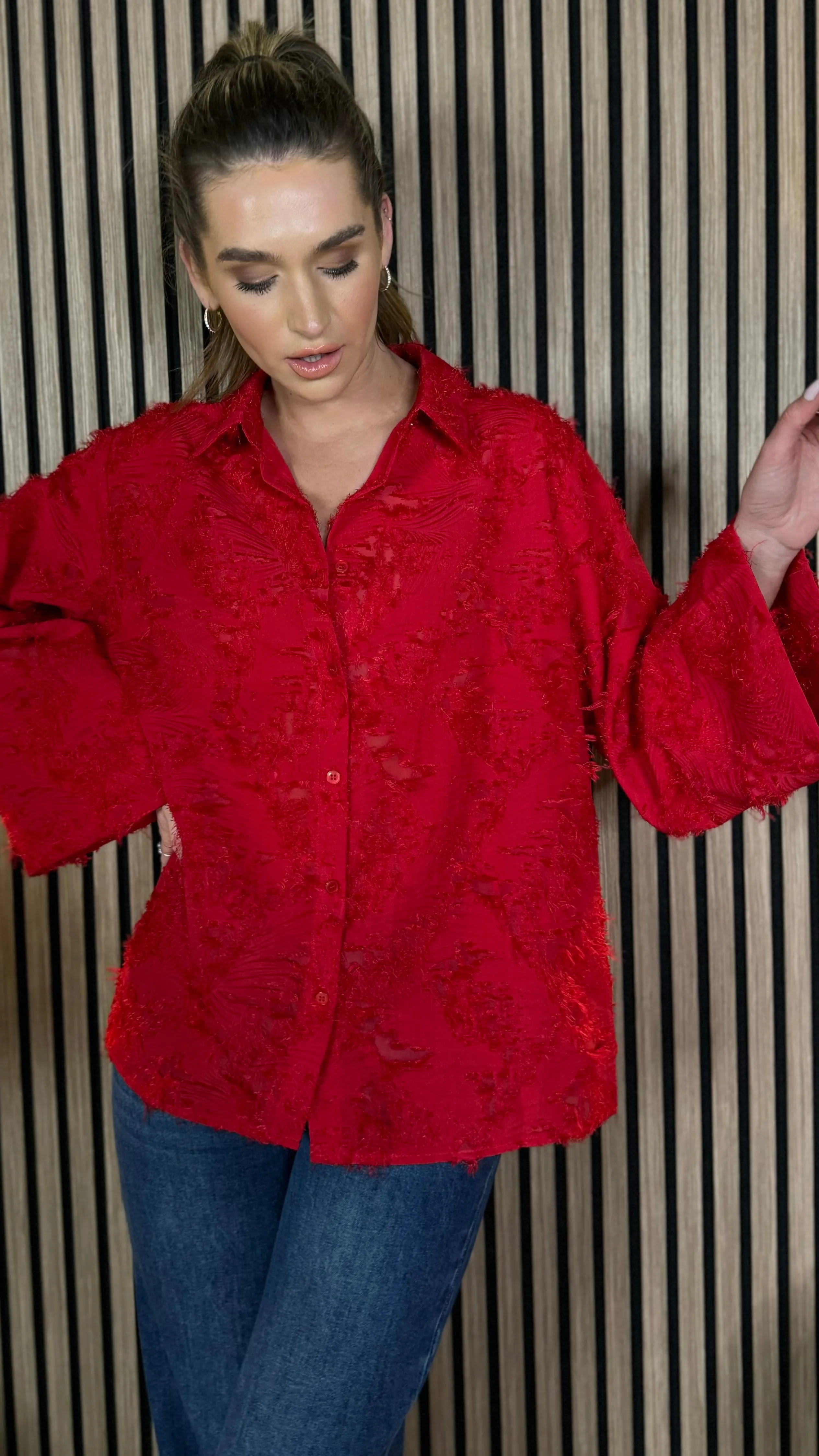 Jovie Red Textured Oversized Shirt