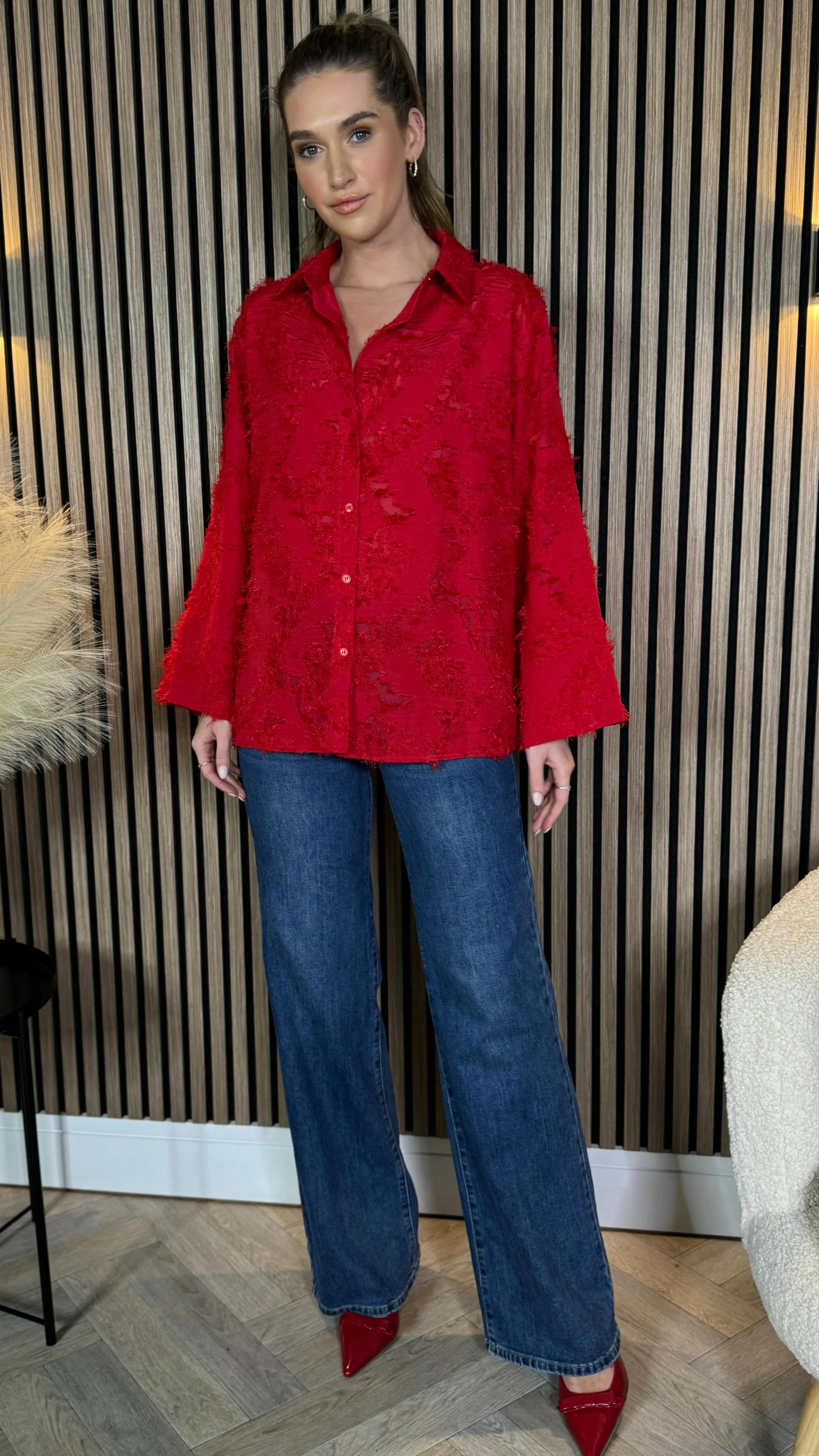 Jovie Red Textured Oversized Shirt