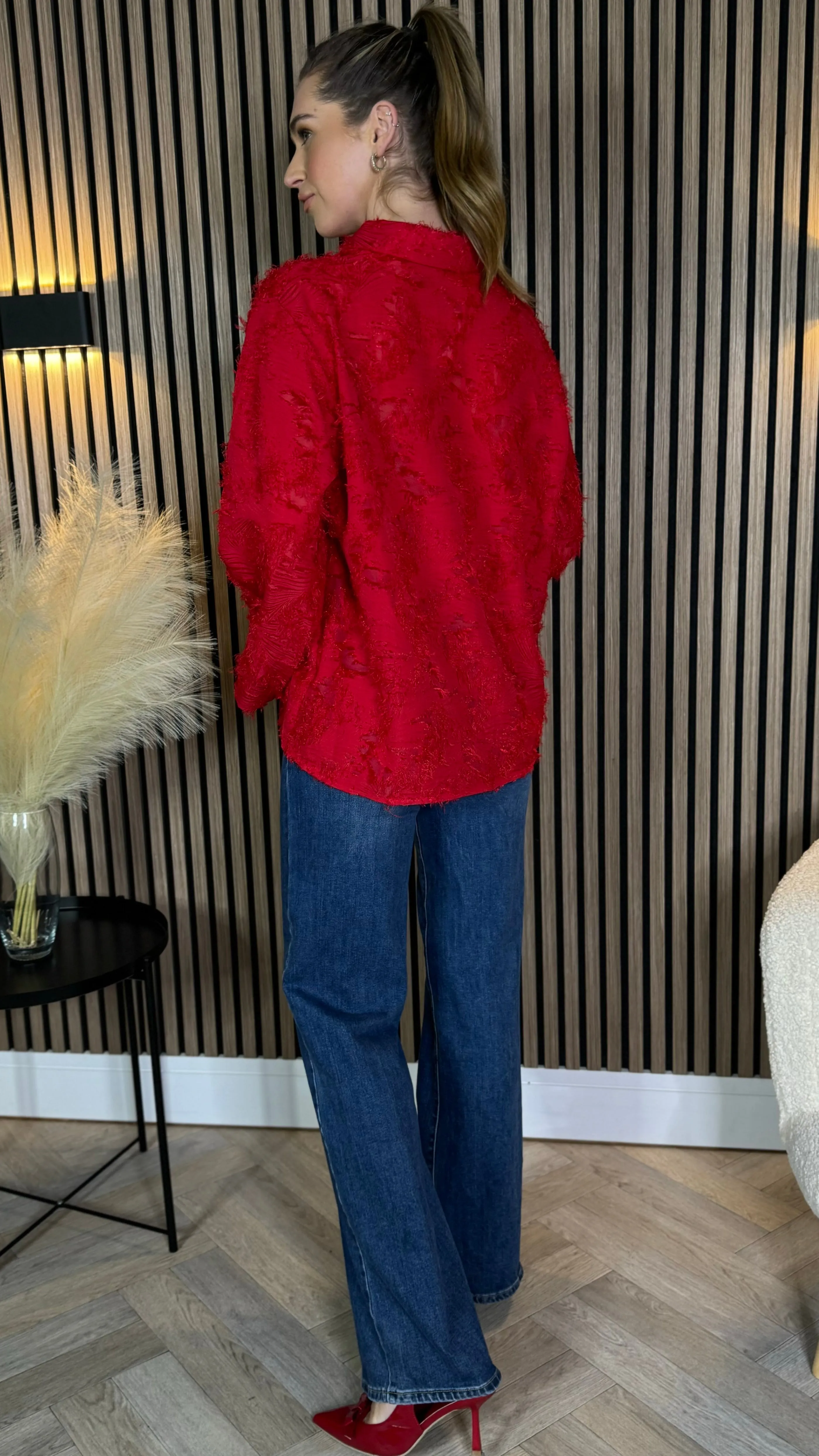 Jovie Red Textured Oversized Shirt