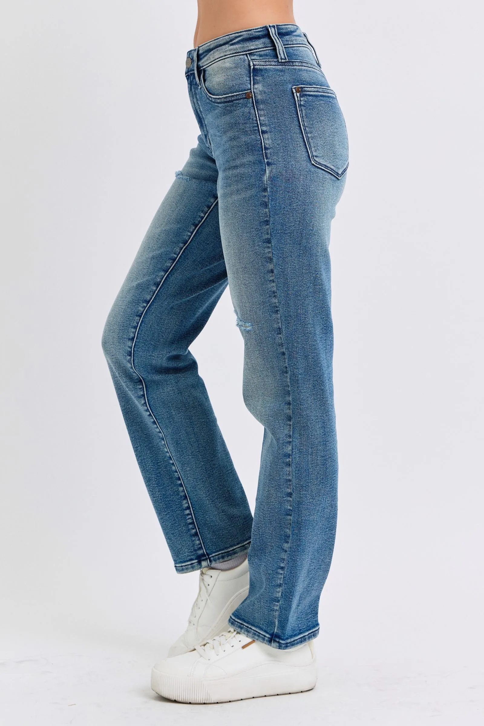 Judy Blue Mid Rise Contrast Wash Destroyed Dad Jeans, 32" Inseam