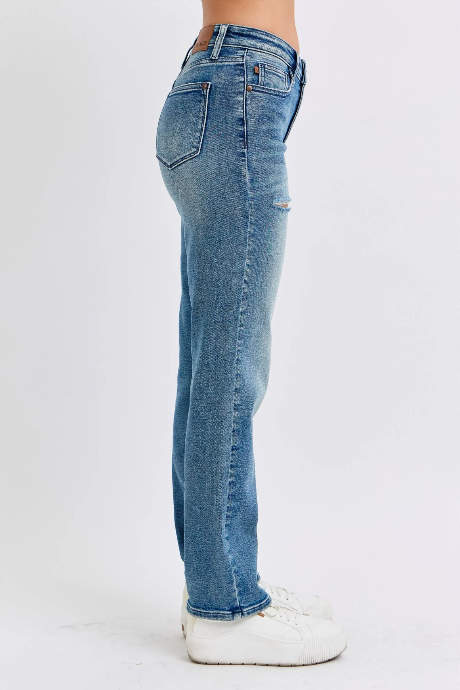 Judy Blue Mid Rise Contrast Wash Destroyed Dad Jeans, 32" Inseam