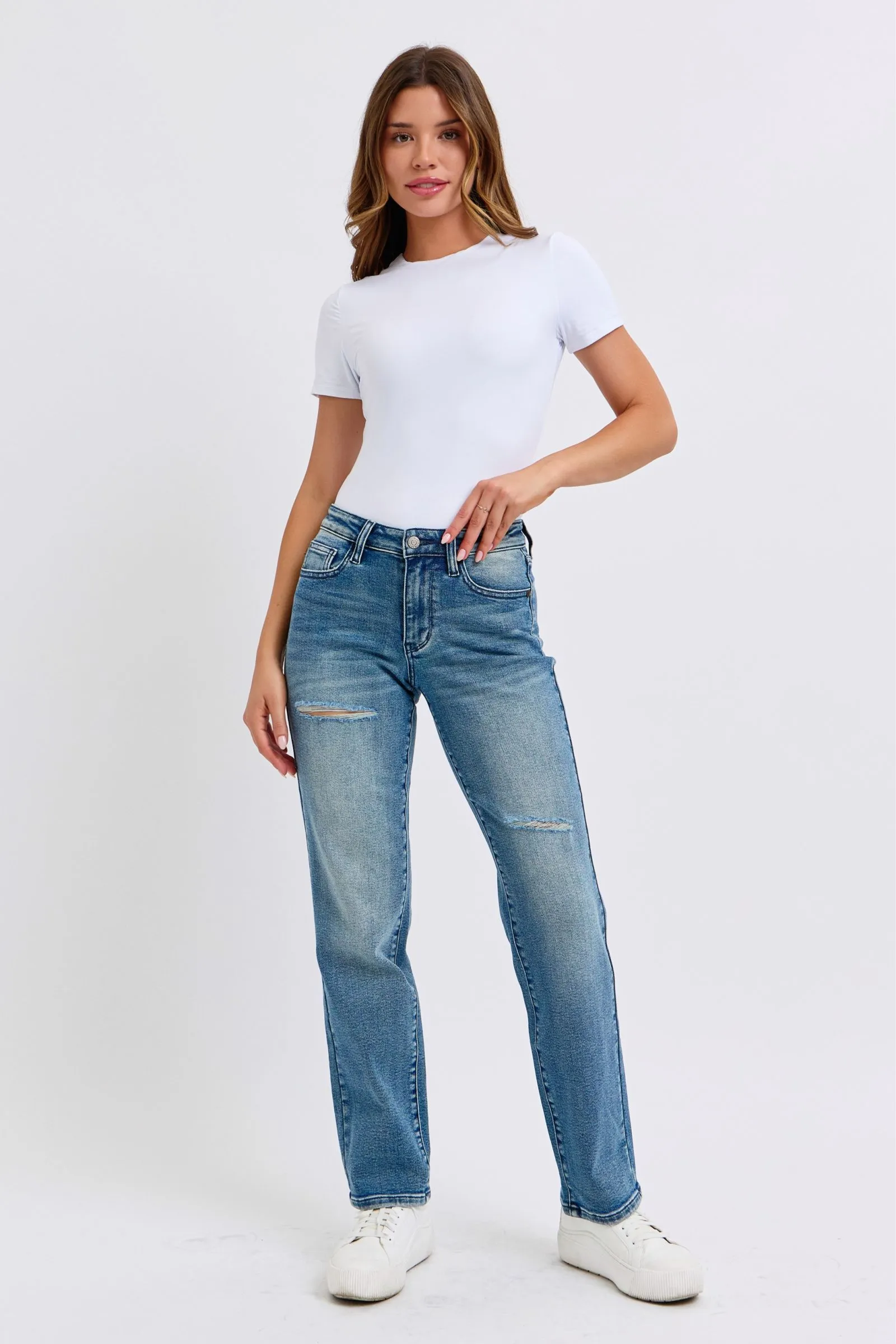Judy Blue Mid Rise Contrast Wash Destroyed Dad Jeans, 32" Inseam