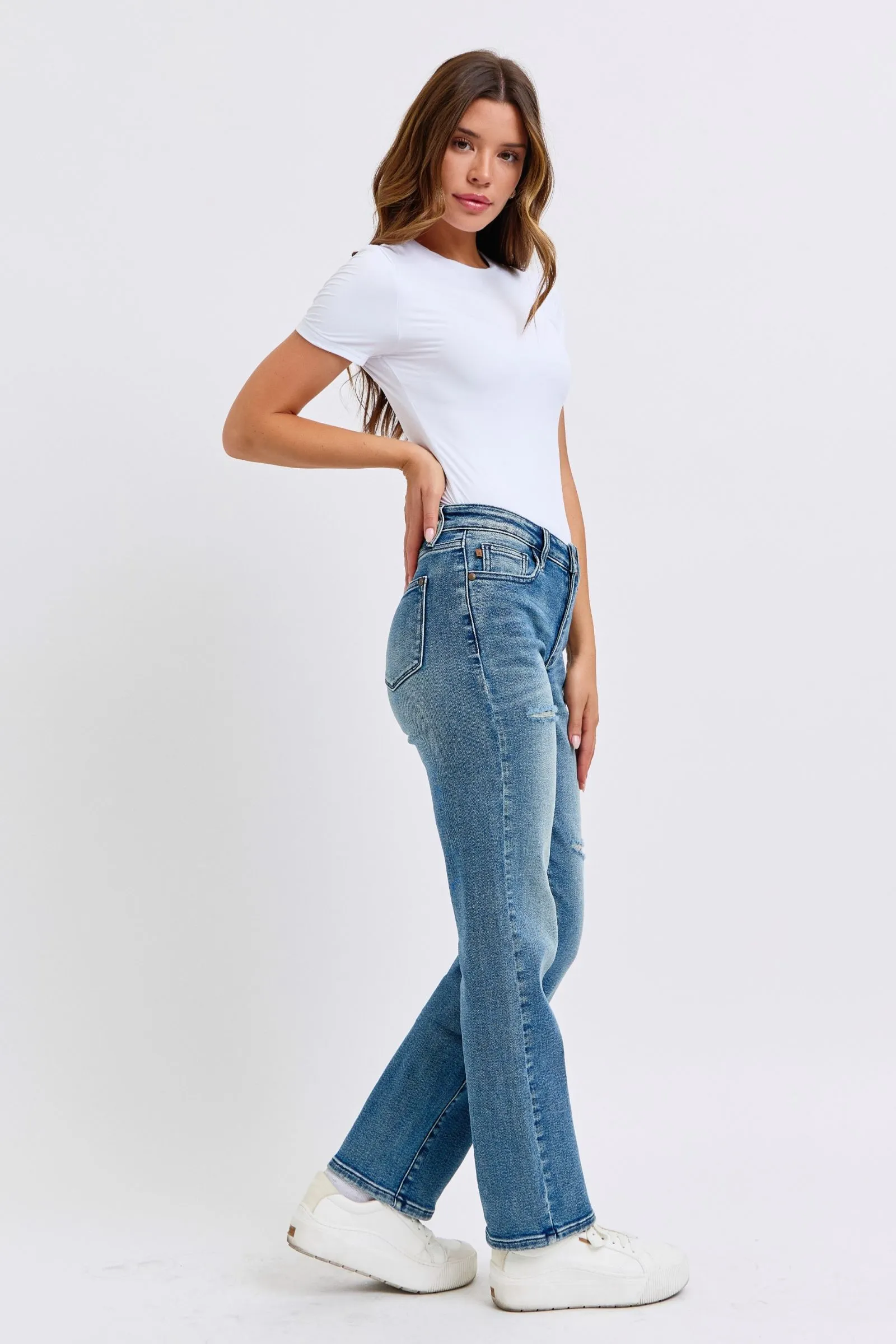 Judy Blue Mid Rise Contrast Wash Destroyed Dad Jeans, 32" Inseam