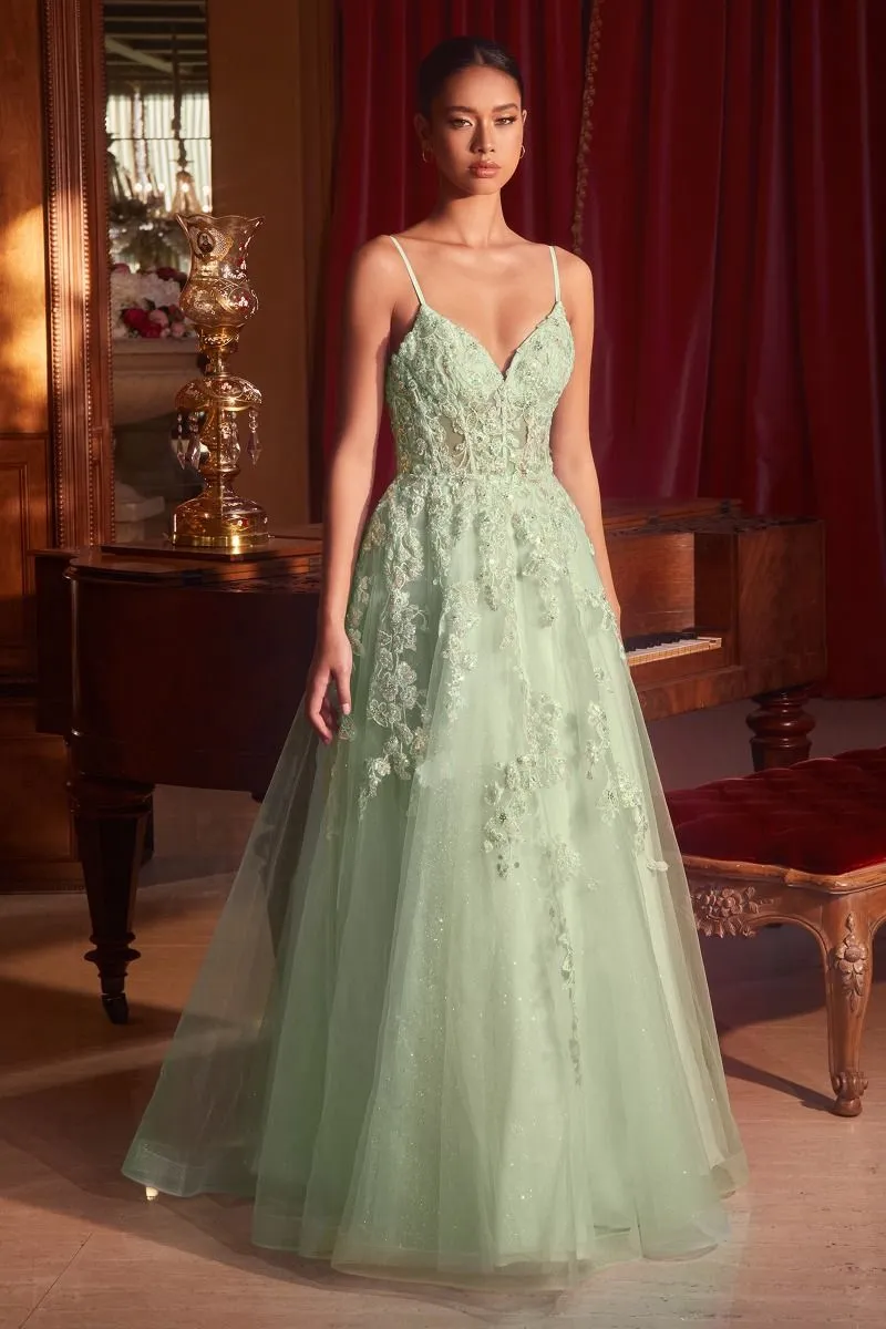 Ladivine CM347 Sheer Lace Sequin Ballgown Prom Dress Corset A Line Gown