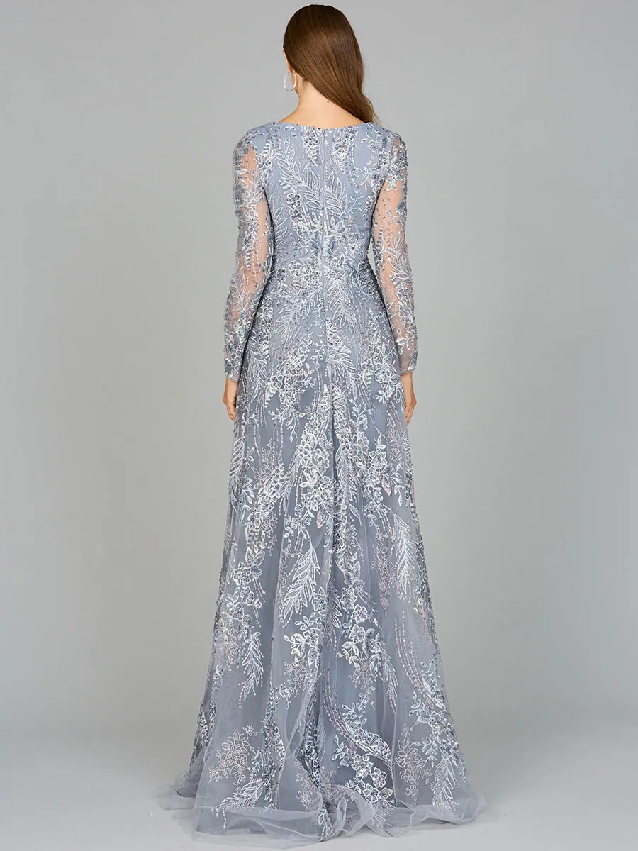 Lara 29046 - Lace Long Sleeve Gown with Overskirt