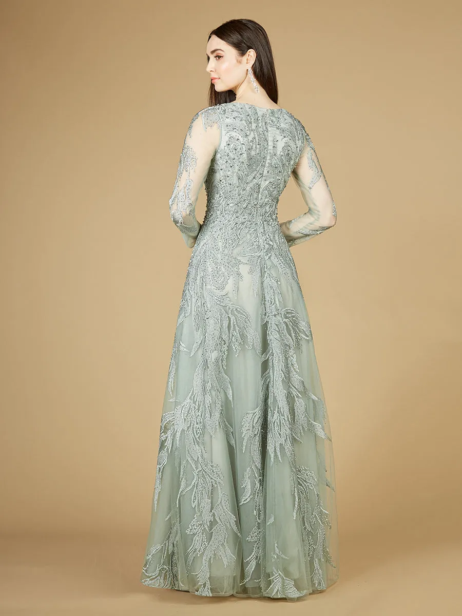 Lara 29209 - Long Sleeve Lace Ballgown with V-Neck