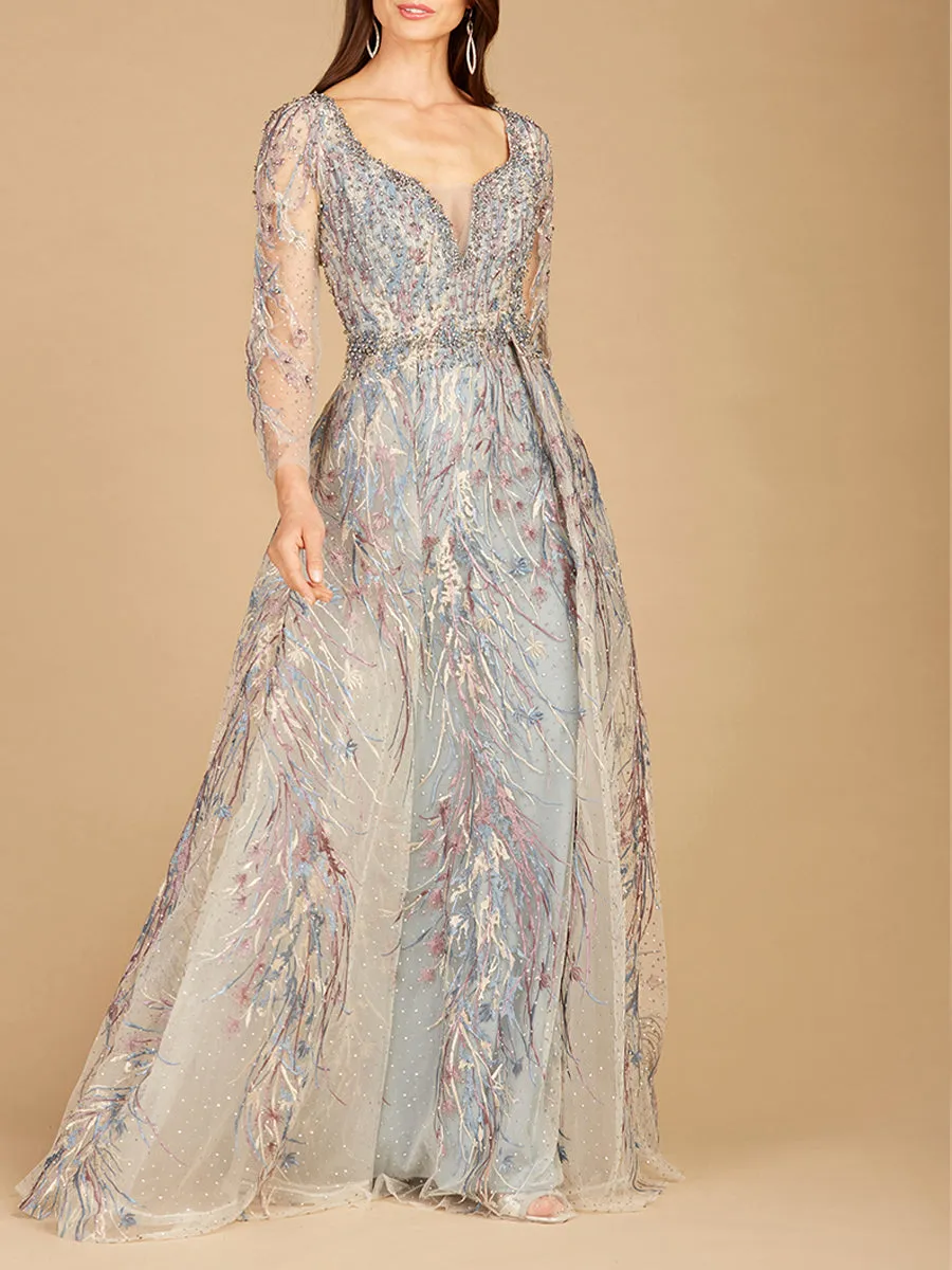 Lara 29452 - Long Sleeve Lace Gown with Overskirt