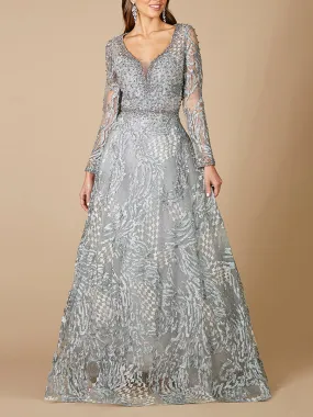 Lara 29471- Long Sleeve Lace Ballgown with V-Neckline OUTLET